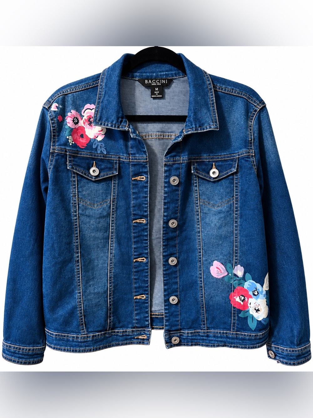 Like New Baccini Womens Blue Jean Denim Jacket Coat with Floral Design Size Med